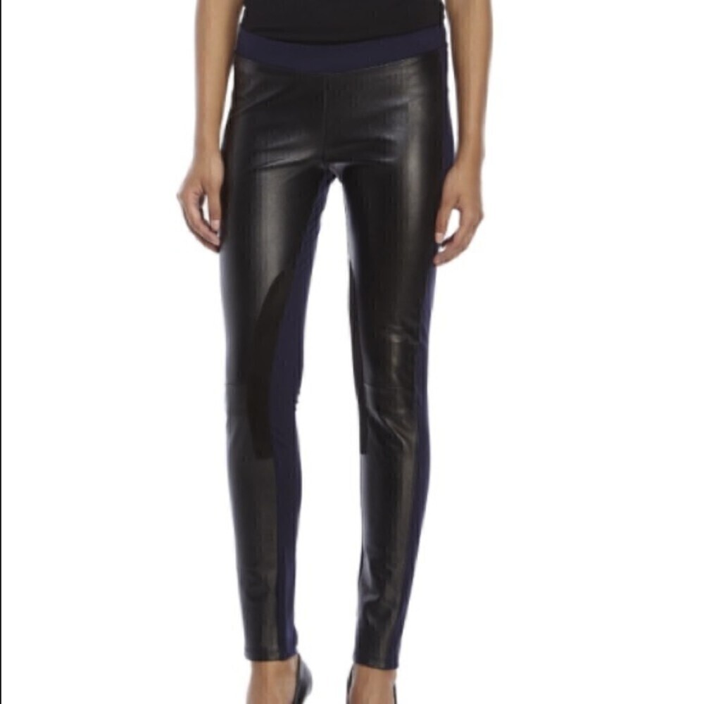 Sandro Velvet Blue Black Cuir Vachette Leather Panel Long Legging Pants Size 0
